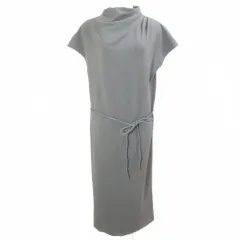 ザラ ZARA 美品 ロング ワンピース タイト フレンチスリーブ 半袖 ハイネック ドレープ ウエスト紐付き S グレー X