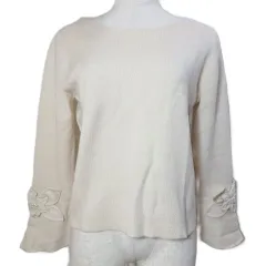 ストロベリーフィールズ STRAWBERRY-FIELDS 花モチーフニット セーター 長袖 ビジュー フレアスリーブ ボートネック プルオーバー ベージュ /X