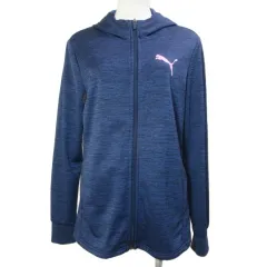 プーマ PUMA 美品 22年 ウィメンズ トレーニング フーデッド ニット ジャケット 520382-03 パーカー ジップアップ スポーツウェア ロゴ プリント L 紺 ネイビー /X