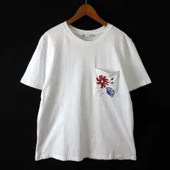 ザラ ZARA Tシャツ カットソー ポケットT マリン柄 刺繍 ビーズ クルーネック コットン 半袖 M 白 ホワイト マルチカラー