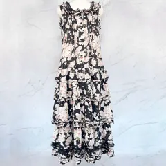 PINK HOUSE ピンクハウス　フェアリーローズ　ワンピース　ノースリーブ　ロング　かぶせ　段々　薔薇　花柄　フラワー　リボン　レース　ピンタック　ブラック　黒　黒色　コットン　綿