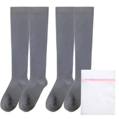【新品】 [AQshop] レディース 着圧ソックス 綿混 ハイソックス 洗濯ネット付き 美脚 加圧靴下 (ダークグレー2足)