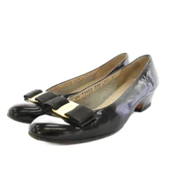 サルヴァトーレフェラガモ Salvatore Ferragamo パンプス アーモンドトゥ チャンキーヒール ローヒール ヴァラ リボン レザー ビブラムソール 5.5 黒 ブラック 11453 338 /YT