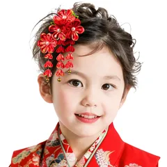 【特価商品】髪留め 着物 つまみ細工 クリップ 鈴付き かわいい 和装 浴衣 ヘアアクセサリー 袴 4カラー 卒業式 753 (赤 髪飾り C) 七五三