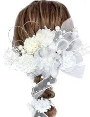 【特価商品】洋装 和装 ブライダル ヘアアクセサリー チュール 結婚式 リボン パール 前撮り 編みおろし 上品 フラワー グレー オーガンジー 白 振袖 セット 袴 白 卒業式 成人式 L0010 髪飾り