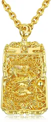 【特価商品】金属アレルギー対応 ステンレス 彫刻 龍盾ペンダント 長方形ネックレス 18K 真空メッキ 金 色落ちない ゴールド カッコいい メンズ 中華風 ネックレス アクセサリー