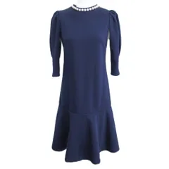 ジャスグリッティー JUSGLITTY パール付ダンボールニットワンピース ビジュー フレア 7分袖 ロング 0 約XS 紺 ネイビー 42167071 0115