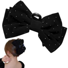 ヘアクリップ バンスクリップ 大きめ リボン 髪留め ドット ヘアアクセサリー (ブラック)