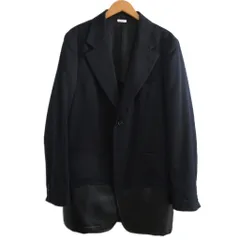 コムデギャルソンオムプリュス COMME des GARCONS HOMME PLUS 美品 19SS クレイジースーツ期 フェイクレザー切替 ウールギャバ テーラードジャケット ブレザー 2B 異素材 L 紺 ネイビー