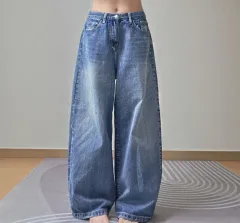 レディース インディゴ 裾ボタン ロング ワイド デニム パンツ L