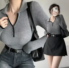 新品) カラーTシャツ 長袖Tシャツ ポロTシャツ リブ Tシャツ グレー チャコール フリーサイズ バイカラー POINT