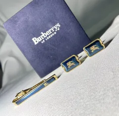 希少 Burberry バーバリー ホースナイトロゴ 騎士デザイン ブルーメタリック&ゴールド カフス ネクタイピン セット タイピン ケース有