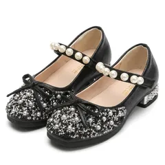 [Arimelune] 女の子 ドレスシューズ フォーマル 靴 PU レザー ローヒール パール風 リボン かわいい おしゃれ 入園式 卒園式 演奏会 発表会 子ども ガール ドレス シューズ 入学 卒園 入園 卒業 発表 会 [ブラック] [21.0 cm]