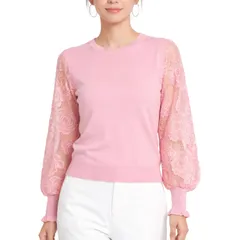 [Blisvia] ボリューム 袖 デザイン クルーネック ブラウス 無地 長袖 ピンク レディース オシャレ プルオーバー ナチュラル フェミニン スタイル 清楚 可愛い 系 シンプル 服 ぽわん パフ トップス 女性 フ [ピンク] [Free Size]