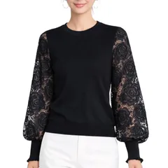 [Blisvia] 伸び縮みする 丸えり ボリュームスリーブ レース 長袖 ブラウス 黒 レディース デザイン 可愛い シンプル オフィス トップス 春 夏 秋 冬 シワにならない リブ編み ゆったり 綺麗め バルーン袖  [ブラック] [Free Size]