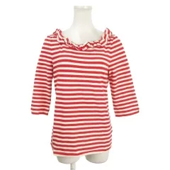 ケイトスペード KATE SPADE カットソー M ベージュ 赤 レッド ストライプ柄 フリルネック 七分袖 /MN7 ■GY61