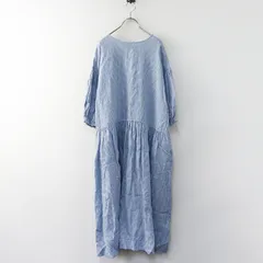 2025SS ネストローブ nest Robe リネンギンガムバルーンスリーブワンピース F‖ブルー×ホワイト ドレス ロング フレア【2400014892833】