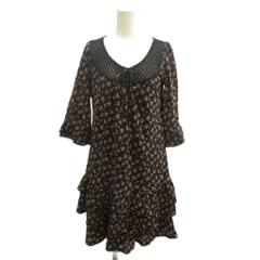 エニィファム anyFam チュニック ミニワンピース 2 黒 ブラック ピンク 小花柄 レースアップネック 五分袖 フリル /GR ■ECD001