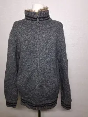 グレー ニット ジップアップ カーディガン ファーネック L