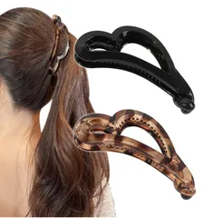 しっかり 髪留め ハート シンプル ヘアクリップ かわいい 2個セット B バナナクリップ ブラック＋クリアべっ甲 HM-0103-R02-B