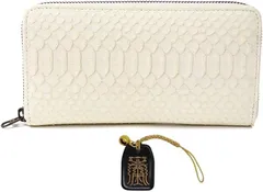 SakuraZen 金運財布 幸運のホワイト パイソン メンズ エキゾチック レザーを使用した白蛇 蛇革財布/熟練革職人のハンドメイド品 日本製 長財布 ラウンド 金来符根付付き (金来符根付,  タテ10cmxヨコ19.5cmxマチ2.5cm)