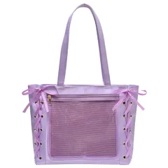 トートバッグ 大容量 缶バッジ リボン 収納 レースアップ 黒 痛バ 赤 いたバック 白 A4 紫 推し活バッグ ピンク 痛バッグ 水色