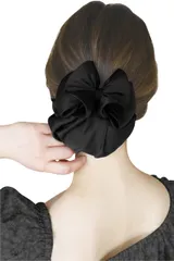 リボン ネット付き バレッタ 大きめ お団子 シニヨンネット 冠婚葬祭 (ナチュラル 美容師監修 ブラック)