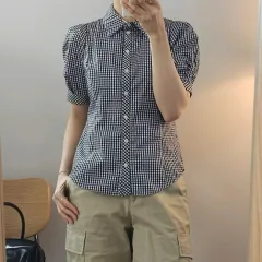 (55)LEE リー レディース シャツ バルーン 半袖 ギンガム CHECK ヴィンテージ M20W2697