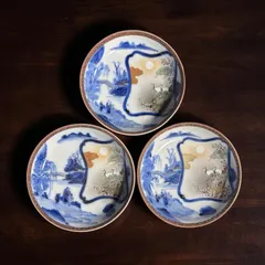 【3客セット】 九谷焼 色絵 小皿 鶴松風景図 菓子皿 丸皿 取り皿 九谷 染付 時代物 和食器 骨董品 アンティーク