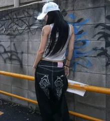 9090Feather logo Studs Buggy Denim Pants デニム　ブラック