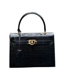 高級感◆本物クロコダイルCrocodileワニ鰐ケリー28KellyゴールドG金具ケリー型ハンドバッグレディースバッグ婦人鞄黒金着物のサムネイル