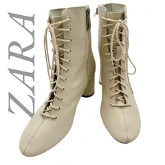 【B5069】 ZARA TRAFALUC ザラ トラファルック ショートブーツ レザー レースアップ アイボリー サイドジッパー 太ヒール