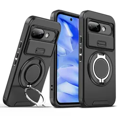Google Pixel 9a 用 ケース PC + TPU 二重保護 カメラの保護 落下防止 米軍MIL規格 耐衝撃 グーグル ピクセル9a対応 カバー リング付き スタンド付き ブラック 黑