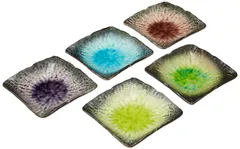 うつわ魯庵 美濃焼 山作窯 「 カラフル五彩」 食器セット プレート 皿 小皿 豆皿 直径約11cm 5枚セット 角型 網目 5色 茶 黒 黄緑 青 日本製 520-1001