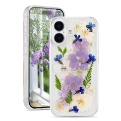 EYZUTAK 対応 iPhone 17 用の ケース クリア 可愛い 花柄 真花 透明 ソフト TPU 綺麗 美しい 本物の花 花びら デザイン レディース 女性 ケース 全面保護 耐衝撃 薄型 軽量 カバー - 葉と花