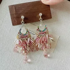 ピアス エスニック 大ぶり ロングピアス 揺れる ビジュー カラフル ボヘミアン 韓国風 可愛い 個性 高見え レディース アクセサリー デート パーティー フェス リゾート お出かけ 人気