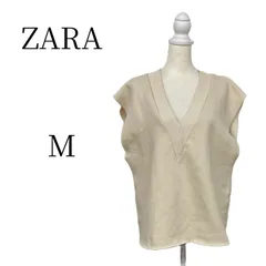 ザラ ZARA ニットベスト Vネック ベスト カットオフ 切りっぱなし 重ね着オーバーサイズ ベージュ レディース Mサイズ 春物 夏物 カジュアル おしゃれ オフィスカジュアル きれいめ