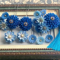 成人式 髪飾り 青 つまみ細工 正絹 振袖 袴 卒業式 結婚式 和装 ウェディング タッセル付き 9点セット