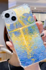 iPhone 対応 四隅耐衝撃 透明ケース ブルーイエロー 水面反射アートデザイン インターネットショッピング用