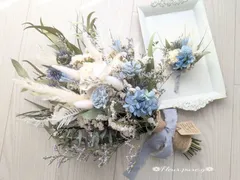 ✿春色ウェディングブーケ✿爽やかブルーホワイト/ドライフラワーブーケ*前撮り*ウェディングフォト*ブライダルブーケ*結婚式(ブートニア付き)
