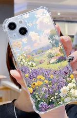 iPhone 対応 四隅耐衝撃 透明ケース フラワーデザイン 春の花畑 イラスト ナチュラルカラー スマホカバー 日常使用 通勤 旅行 撮影用