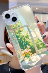 iPhone 対応 四隅耐衝撃 透明手机ケース ピンク花と窓の風景 イラストデザイン 日常使い