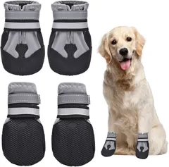 犬 靴 脱げない 履かせやすい 犬の靴 散歩用 滑り止め 反射テープ付き ソフト ドッグシューズ ドッグブーツ 肉球ケア 足舐め防止 汚れ防止 小型犬 中型犬 大型犬用 ４個入り (グレー, XL)
