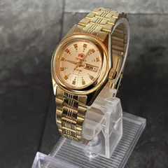 【稼働】オリエント スリースター 自動巻き 腕時計 ゴールド デイデイト ORIENT Crystal 21石 裏蓋EM04-C0 ヴィンテージ アンティーク 希少 レトロ クラシック メンズ ドレスウォッチ キラキラ 派手 豪華 資産 完動品