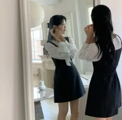 ブラウス レイヤード ワンピース ブラック ビスチェ ミニワンピース ロング丈ワンピース