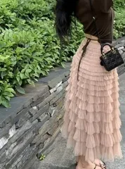 新品  韓国♡くすみピンクチュールレイヤー ティアードシースルーフリルスカート 可愛い春