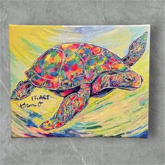 カラフルなウミガメの絵画 18×14cm キャンバス アート 複製原画 ハワイ