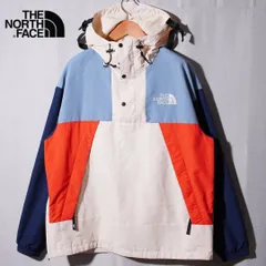 美品 ノースフェイス THE NORTH FACE アノラックジャケット M 大きめ クリーム レッド ブルー ロゴ刺繍 ドローコード ナイロンプルオーバー ストリート オーバーサイズ 古着 E725