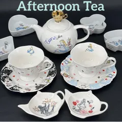 【Afternoon Tea】アフタヌーンティー 不思議の国のアリス ティーセット / 未使用品 ティーポット1・ティーカップ&ソーサー 2客・プレート4枚・ティーバッグレスト2枚(sango 三郷陶器）ディズニーコレクション コーヒーカップ