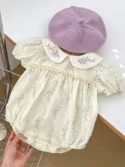 小花柄刺繍パフスリーブロンパース